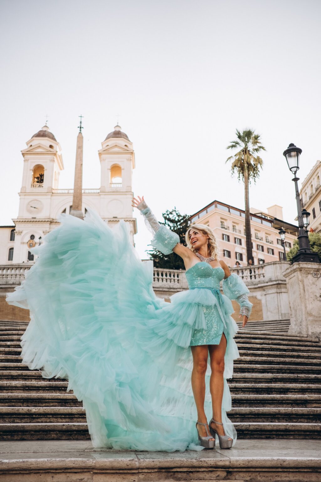 Flying dress on the Spanish Steps below Trinità dei Monti