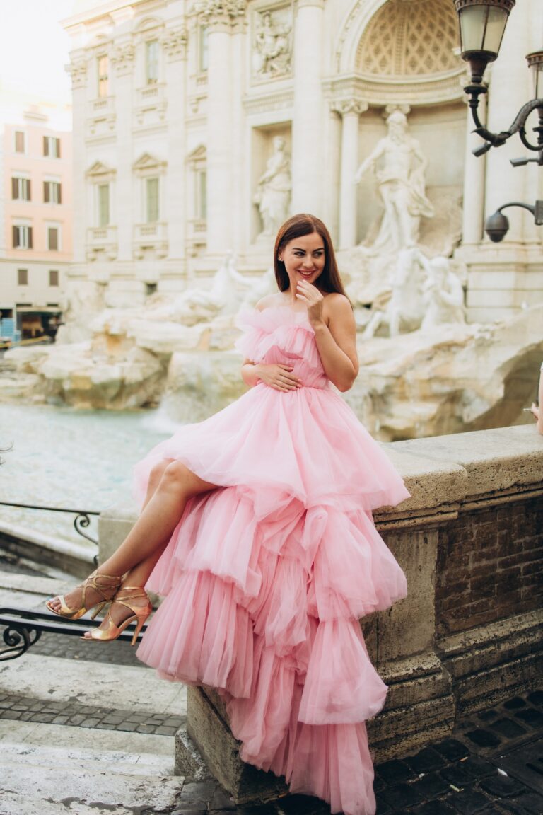 Solo photoshoot in a pink tulle gown at the Trevi Fountain